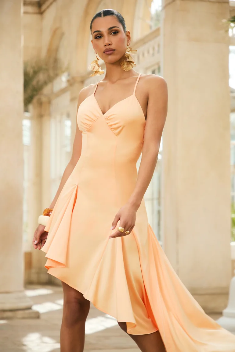 Glint | Peach Satin Plunge-Neck Maxi Dress With Asymmetric Hem Club L London Orange : Premium Dresses : VogaCloset Bahrain Glint | Peach Satin Plunge-Neck Maxi Dress With Asymmetric Hem Club L London Orange : Premium Dresses : VogaCloset Bahrain