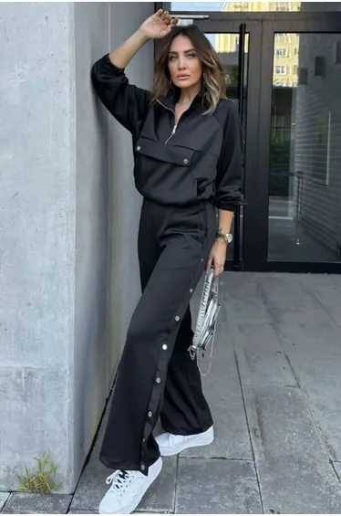 Women's Stand Collar Half Zipper Button Detailed Scuba Bottom-Top Set