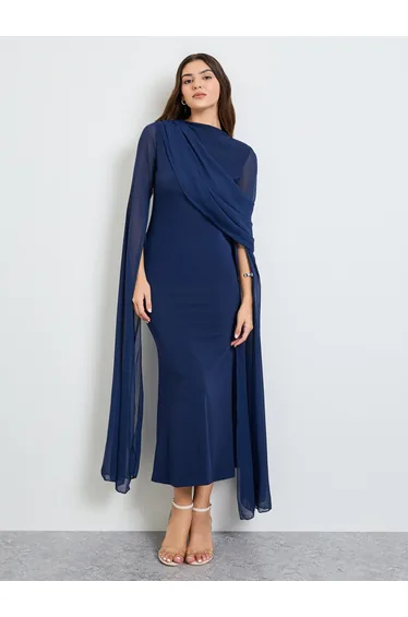 Navy Blue Slit Sleeve Draped Maxi Dress