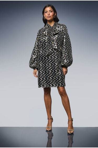 Glitter Spot Tie Neck Shift Dress