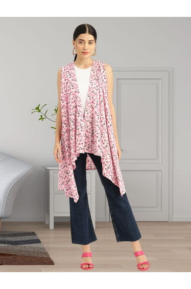 Women Pink Floral Printed High Low Hem Shrug