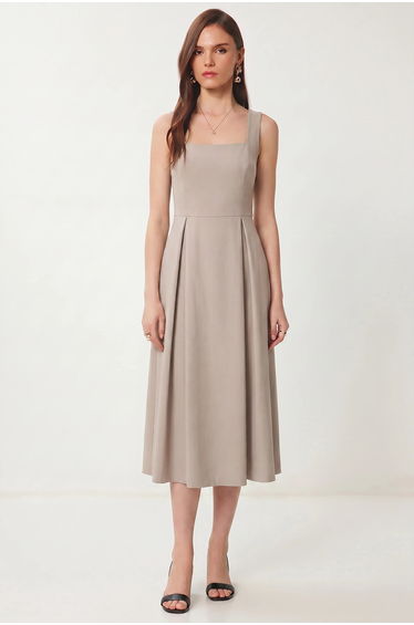 ISTANBUL Square Collar A-Form Midi Dress with Zipper Closure