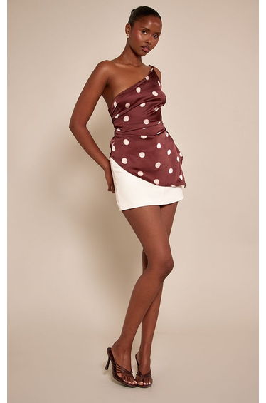 Chocolate Polka Dot Satin Asymmetric One Shoulder Top