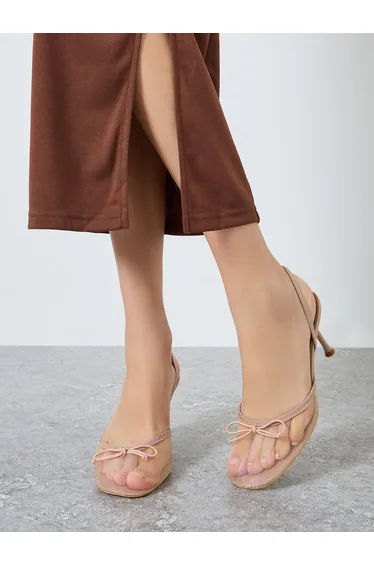 Beige Mesh Slingback Stiletto Heels Shoes