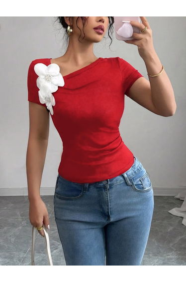 Short Sleeves Skinny Pleated Solid Color Three-Dimensional Flower Asymmetric Collar T-Shirts Tops