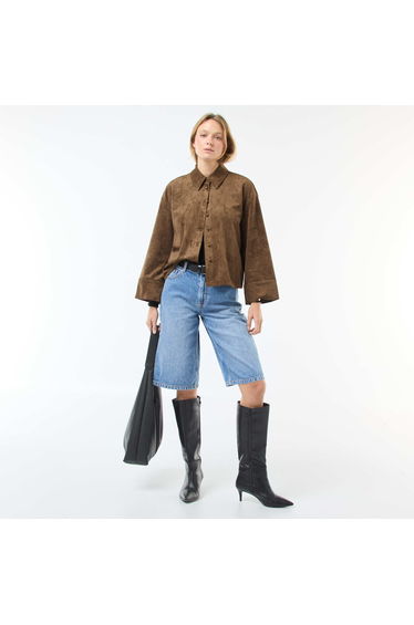 Long-Sleeved Suedette Shirt KHAKI