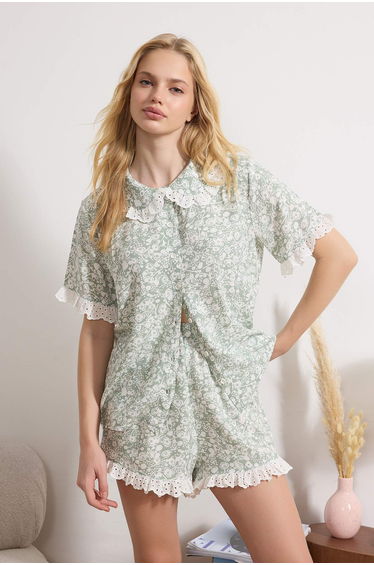 Green-Multicolored Floral Shally Woven Pajama Set