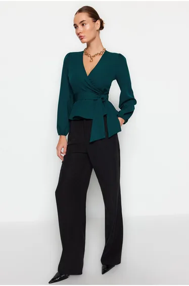 بلوزة بربطة بأزرار مزدوجة - أخضر