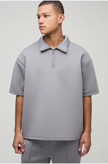 Oversized Short Sleeve Bonded Scuba Polo - charcoal