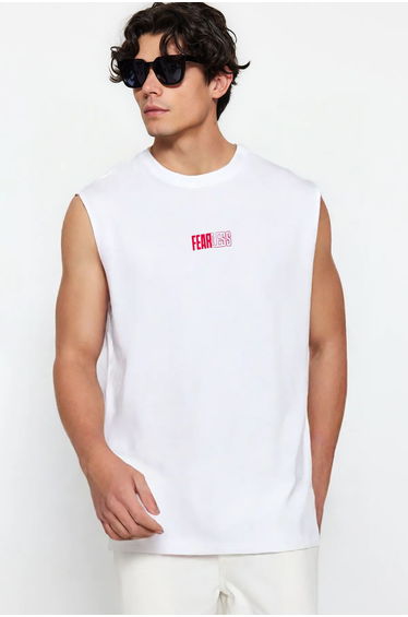 White Oversize/Wide Cut 100% Cotton Printed T-Shirt