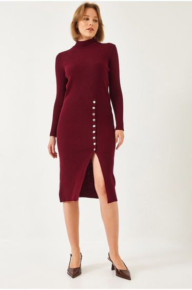 LUCCI Ribbed Textured Turtleneck Midi Knitted Dress
