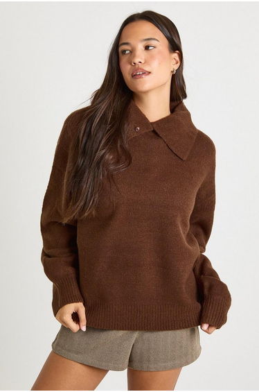 Collar Detail Soft Knit Oversized Knitted Jumper - chocolate