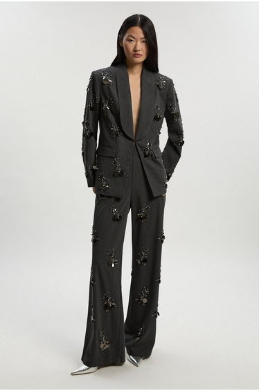 Cluster Sequin & Crystal Embellished Tailored Wide Leg Trouser