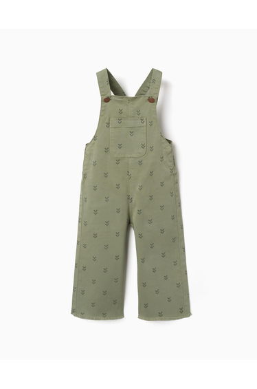 Twill dungarees with floral motif for baby girls, dark green