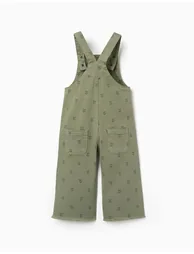 Twill dungarees with floral motif for baby girls, dark green - 1