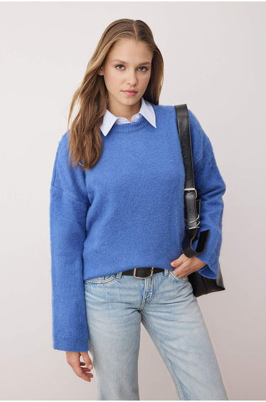 Wardrobe essentials blue soft textured oversized basic knit sweater | Two