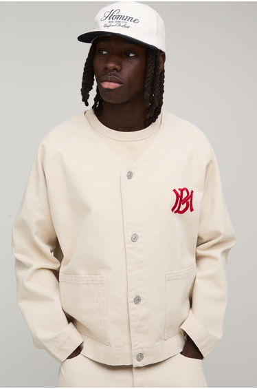 Oversized Varsity Embroidered Denim Baseball Shirt - ecru
