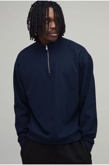 Tall Oversized Boxy Waffle Quarter Zip Sweatshirt - navy