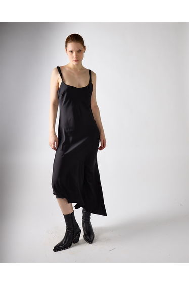 Asymmetrical Scoop Neck Midi Dress - Black Satin