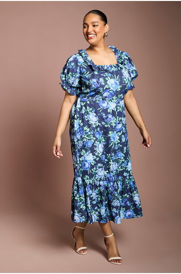Curve Ruffle Neckline Frill Sleeve Tiered Midi Dress