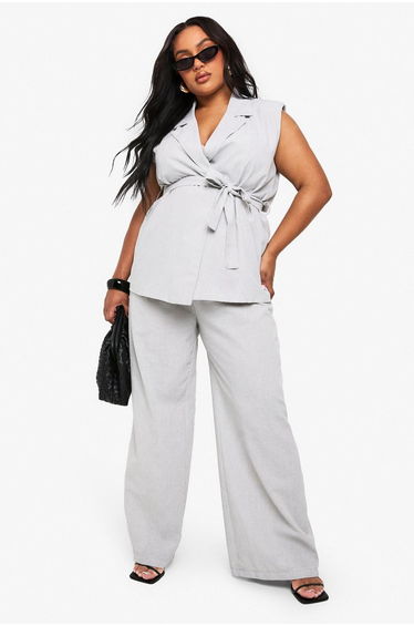 PLUS LINEN LOOK BELTED SLEEVLESS BLAZER - grey marl