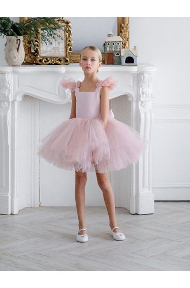 Girls Pink Tulle Sleeveless Mini Dress with Tail