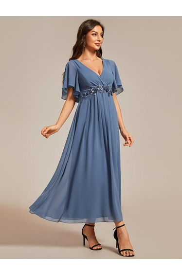 ever DAHLIA|Short Sleeves V-Neck Tea Length Wedding Guest Dress with Floral Applique