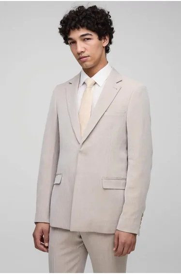 Slim Fit Herringbone Suit Blazer - stone