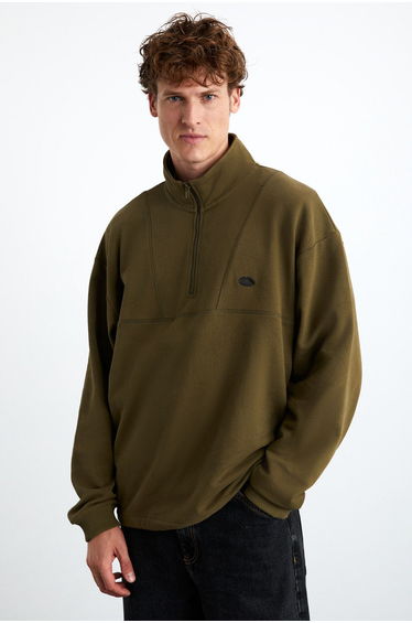 Radiant Men's Organic Cotton Embroidery Detailed Zipper Elastic Zippered Stand Collar Khaki Sweatshirt product thumbnail 3