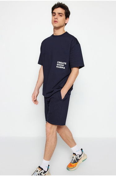 Navy Blue Men's Relaxed/Comfortable Cut, Text Printed, 100% Cotton Tracksuit Suit