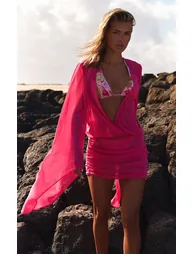 Fuschia Chiffon Plunge Mini Beach Dress - 1