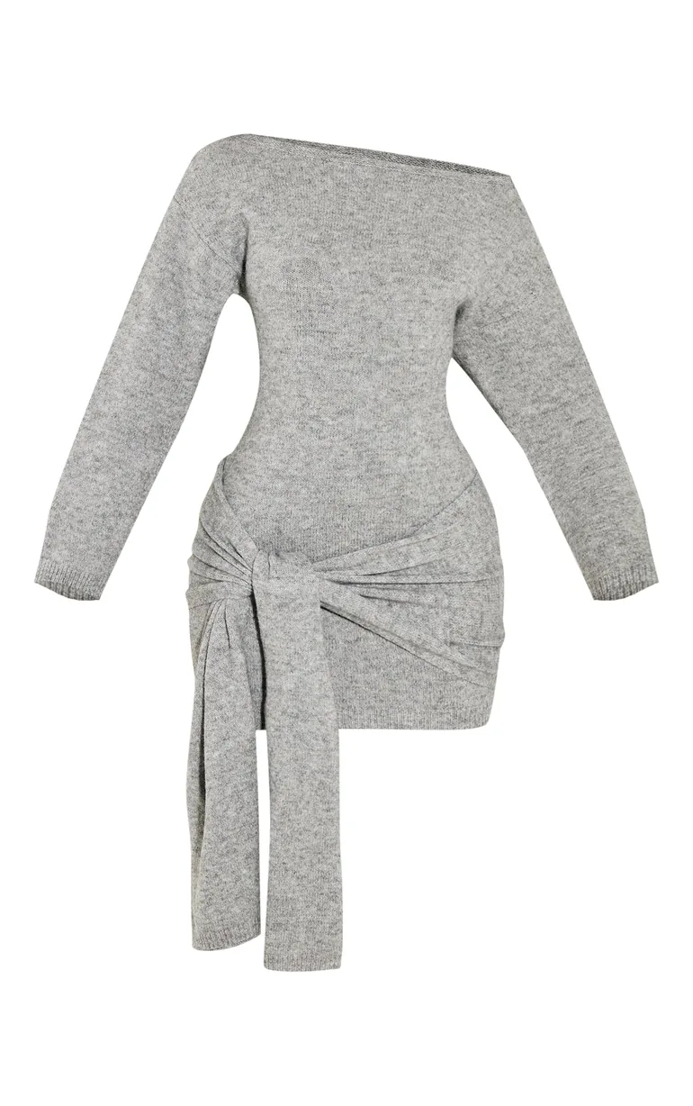 Petite Grey Knit Slouchy Mini Dress With Tie Wrap Around - 4