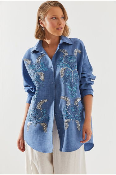 Women's Sequined Embroidered Patterned Oversize Shir