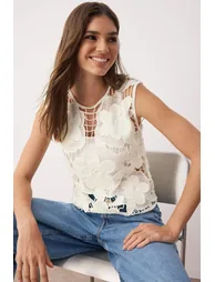Ecru Floral Crochet Detailed Knitted Thin Blouse - 1