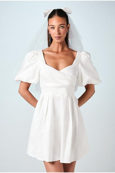 Puff Sleeve Full Skirted Mini Dress With Tie Back