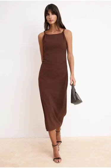 Brown Bodycon Square Neck Sleeveless Shirred Maxi Paper Touch Knitted Dress