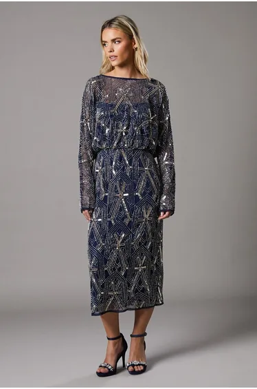 Petite Hand Embellished V Back Midi Dress