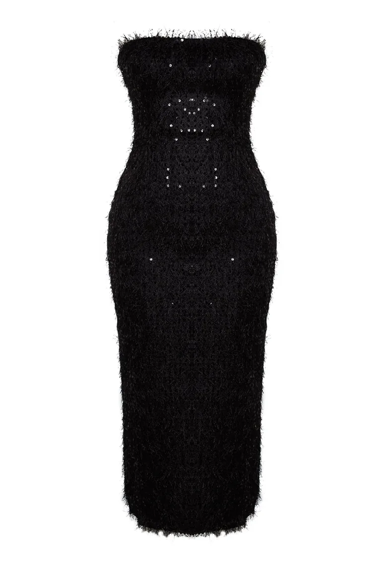 Shop Black Strapless Bodycon Midi Party Dress Online in Oman