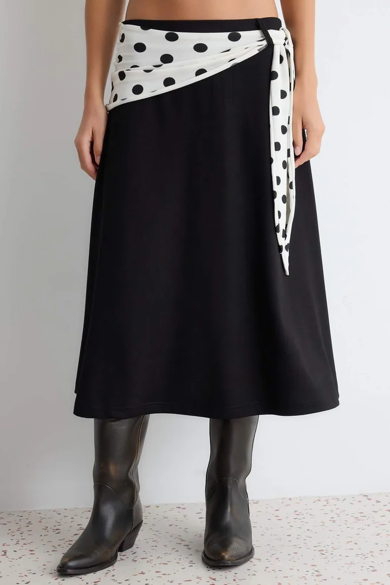 Black Polka Dot Tie-Detail Midi Viscose Ribbed Knitted Skirt - 2