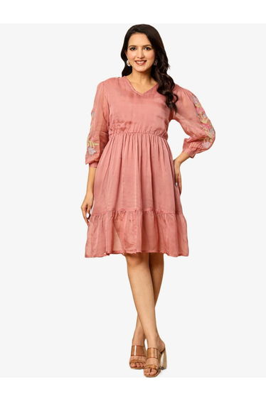 Women Pink Embroidered Organza Knee-Length Dress