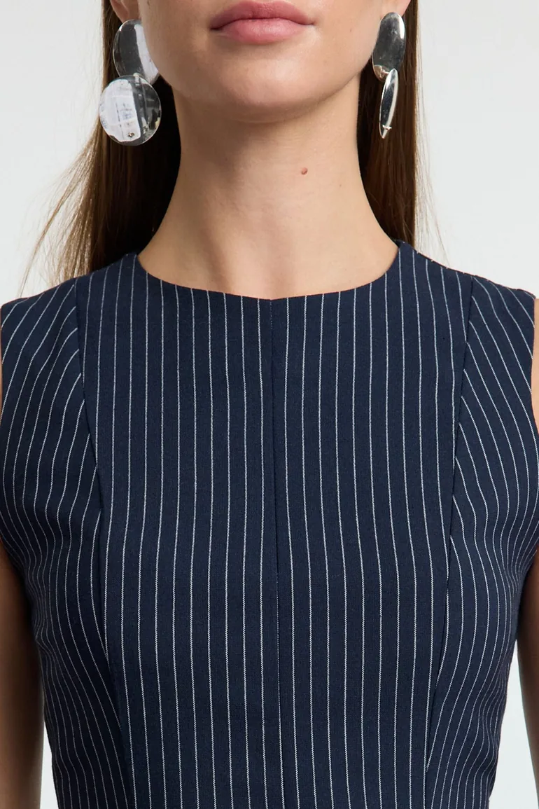 Navy Blue Striped Skirt Waist Opening Crew Neck Mini Polyviscon Woven Dress - 4