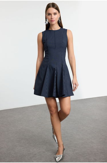 Navy Blue Striped Skirt Waist Opening Crew Neck Mini Polyviscon Woven Dress