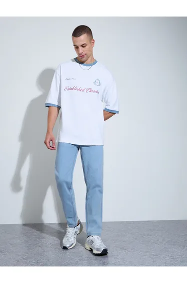 Men White Graphic Print Contrast Trim Oversized T-Shirt