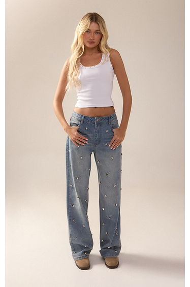 Mid Blue Wash Square Stud Wide Leg Jeans
