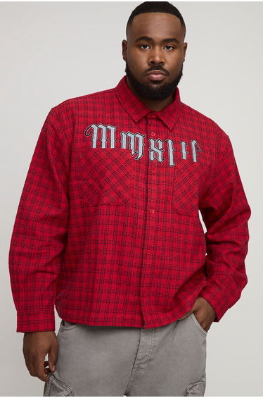 Plus Oversized Boxy Microcheck MMXIII Applique Double Pocket Long Sleeve Shirt - red