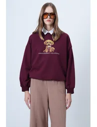 Women's burgundy front printed oversize cotton sweatshirt - 4