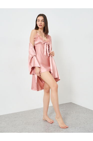 Pink Satin Ruffle Hem Detail Cami Slip Dress with Robe Set
