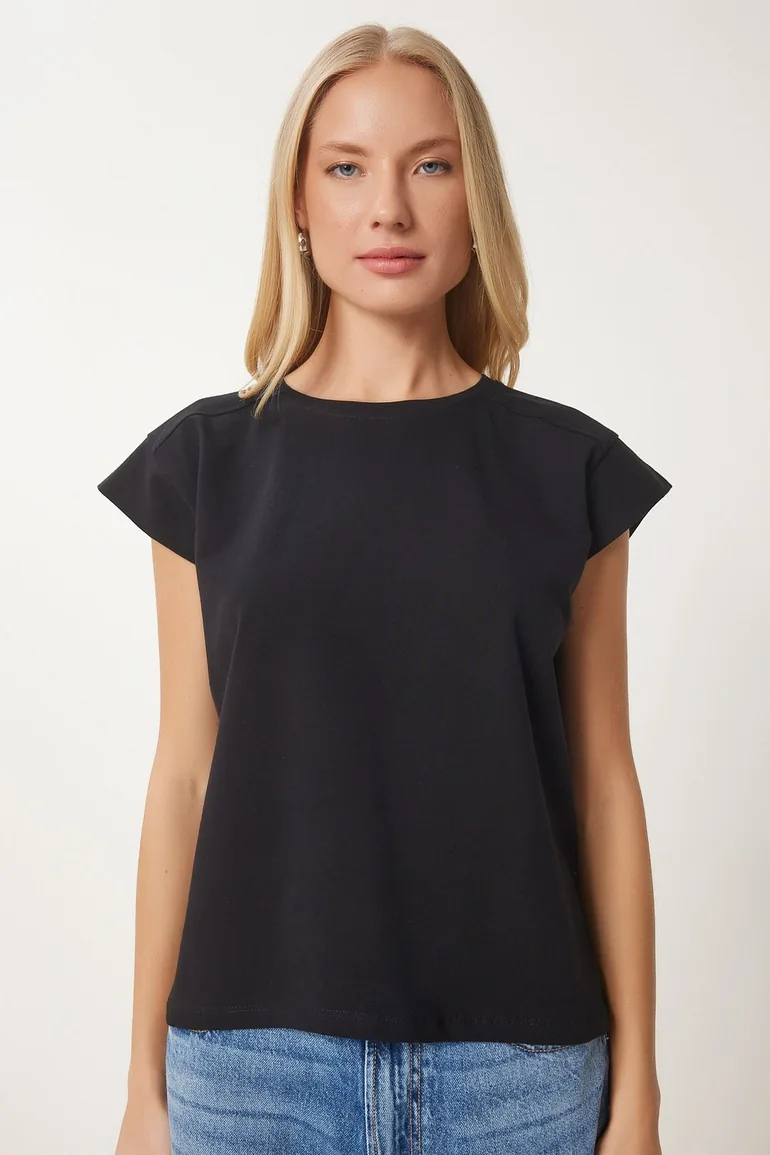Women's Black Basic Knitted T-Shirt - 2
