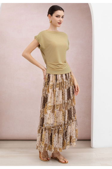 Boat Neck Lace Cuffs Cotton Top in Khaki for Beach Getaways & Casual Brunch