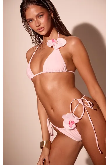 Pink Flower Trim Triangle Bikini Top
